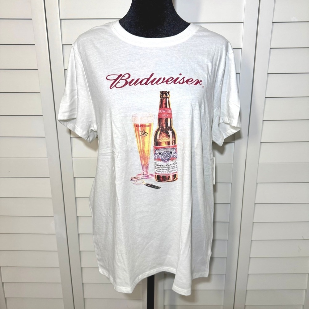 Lucky Brand Budweiser Graphic T-Shirt‎ White Beer Bottle Logo Large NEW